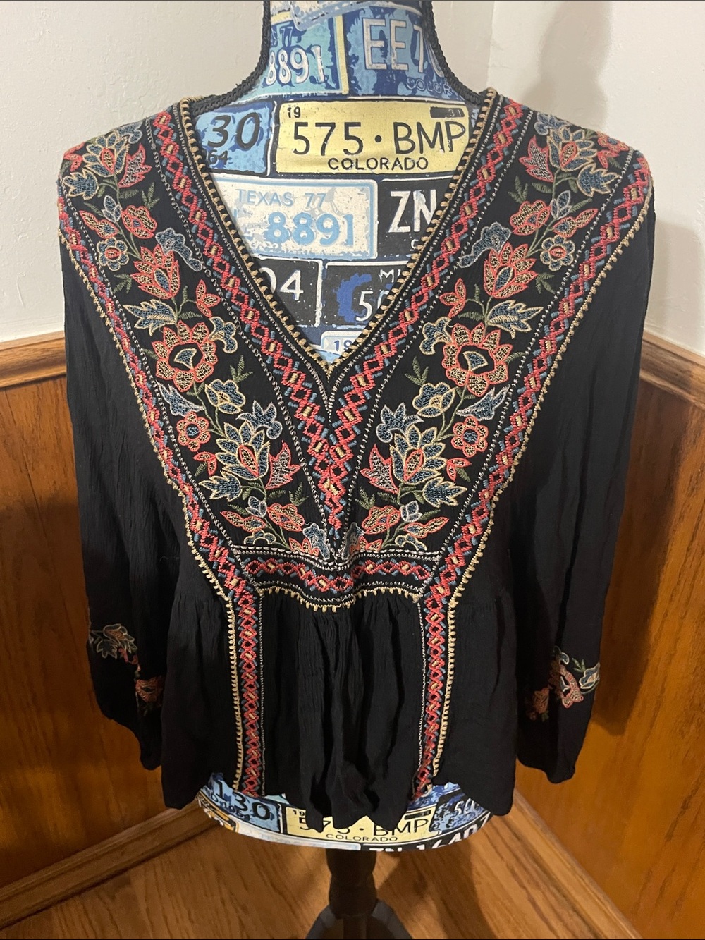 American Eagle Outfitters Black Boho Embroidered V-Neck Tunic